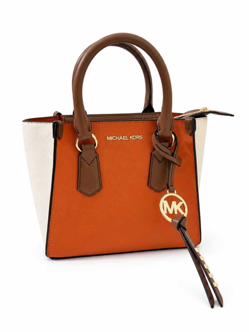 Authentic Michael Kors Colorblock Small Satchel Bag Orange Cream Brown